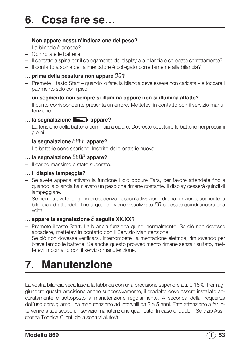 Cosa fare se, Manutenzione | Seca 869 User Manual | Page 53 / 102