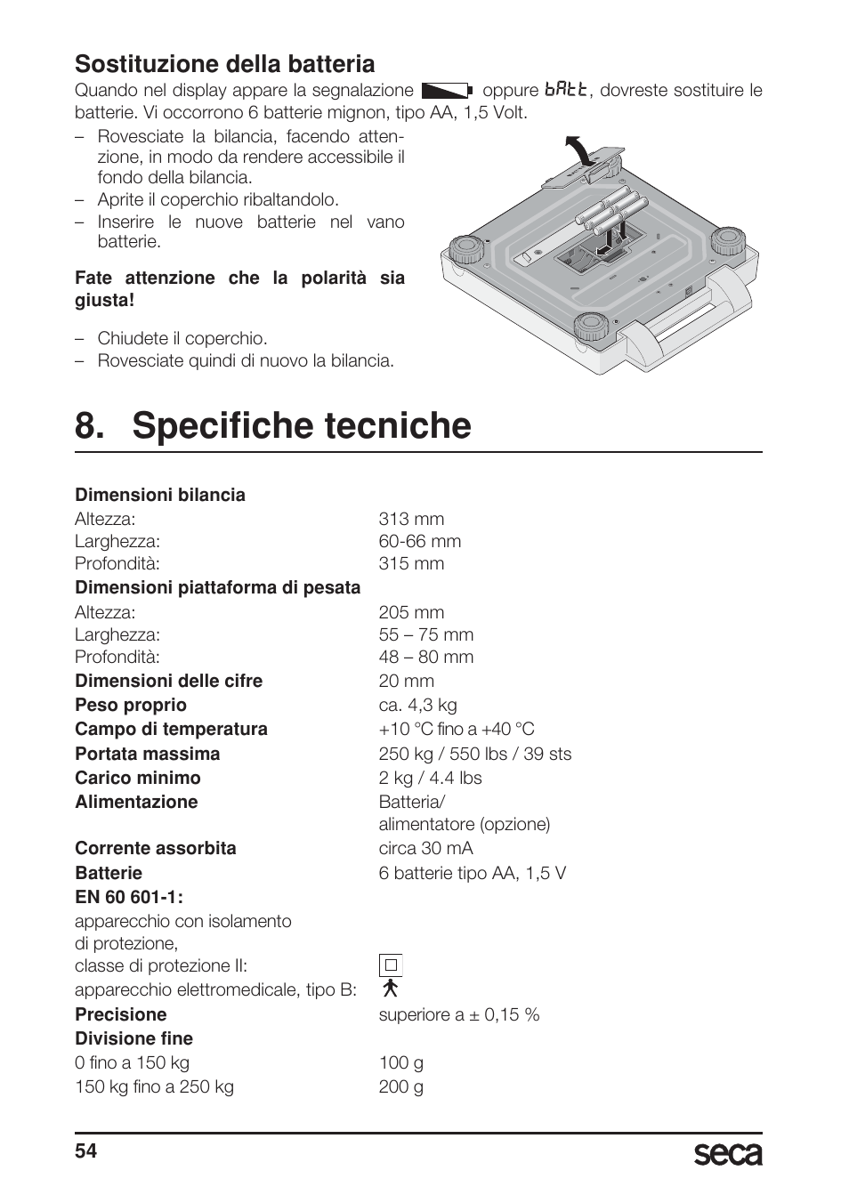 Sostituzione della batteria, Specifiche tecniche | Seca 869 User Manual | Page 54 / 102