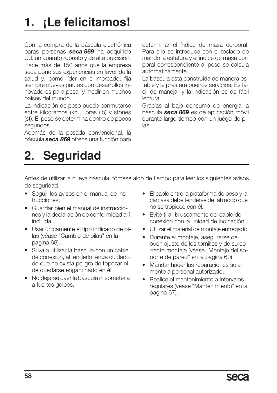 Español, ¡le felicitamos, Seguridad | Seca 869 User Manual | Page 58 / 102