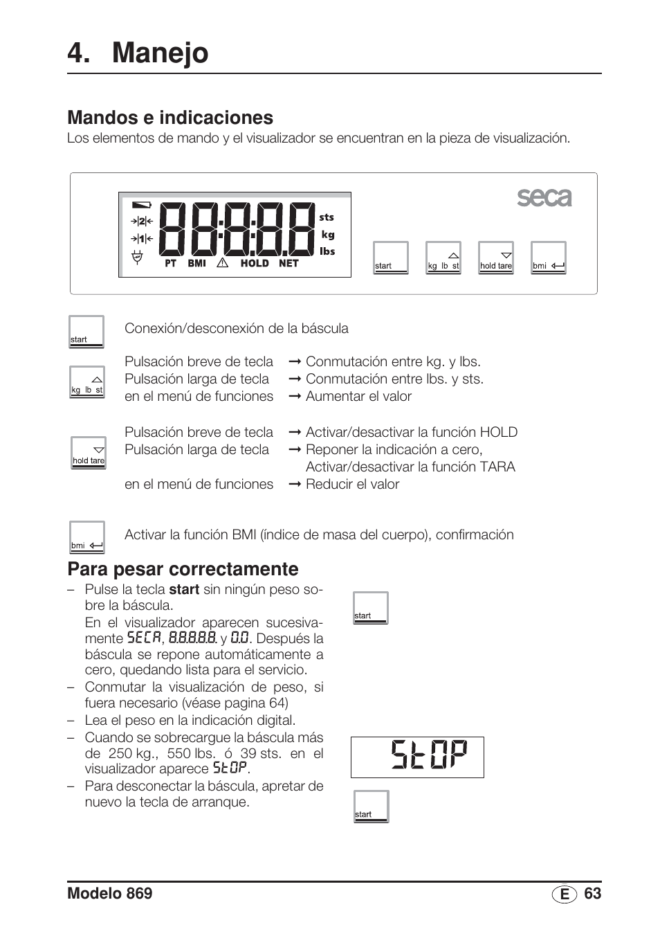 Manejo, Mandos e indicaciones, Para pesar correctamente | Seca 869 User Manual | Page 63 / 102