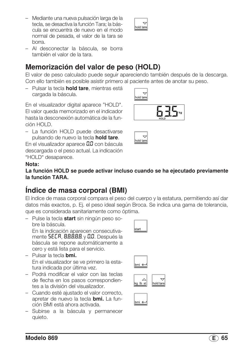 Memorización del valor de peso (hold), Índice de masa corporal (bmi) | Seca 869 User Manual | Page 65 / 102