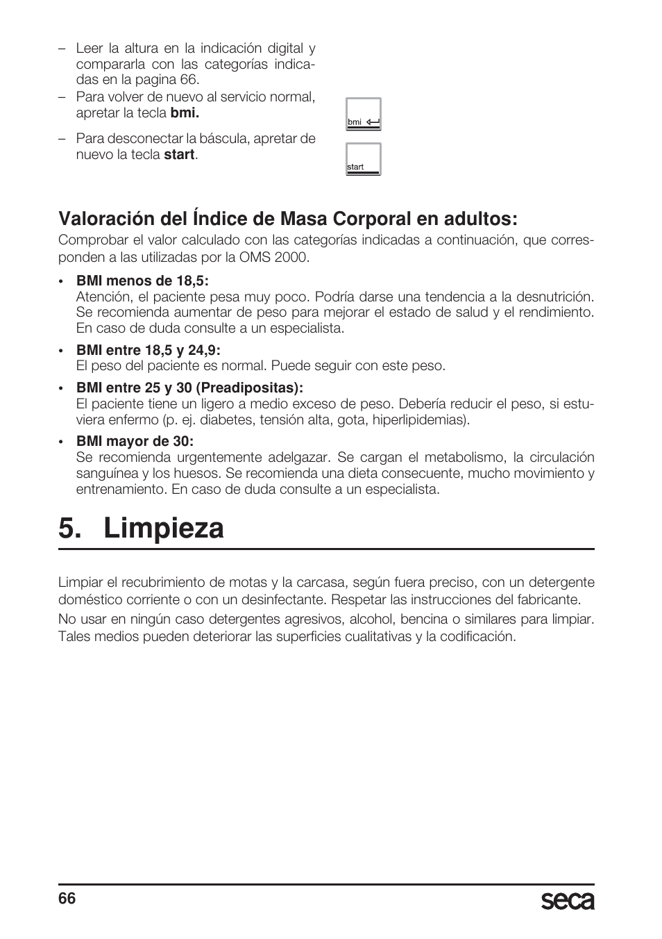 Valoración del índice de masa corporal en adultos, Limpieza | Seca 869 User Manual | Page 66 / 102