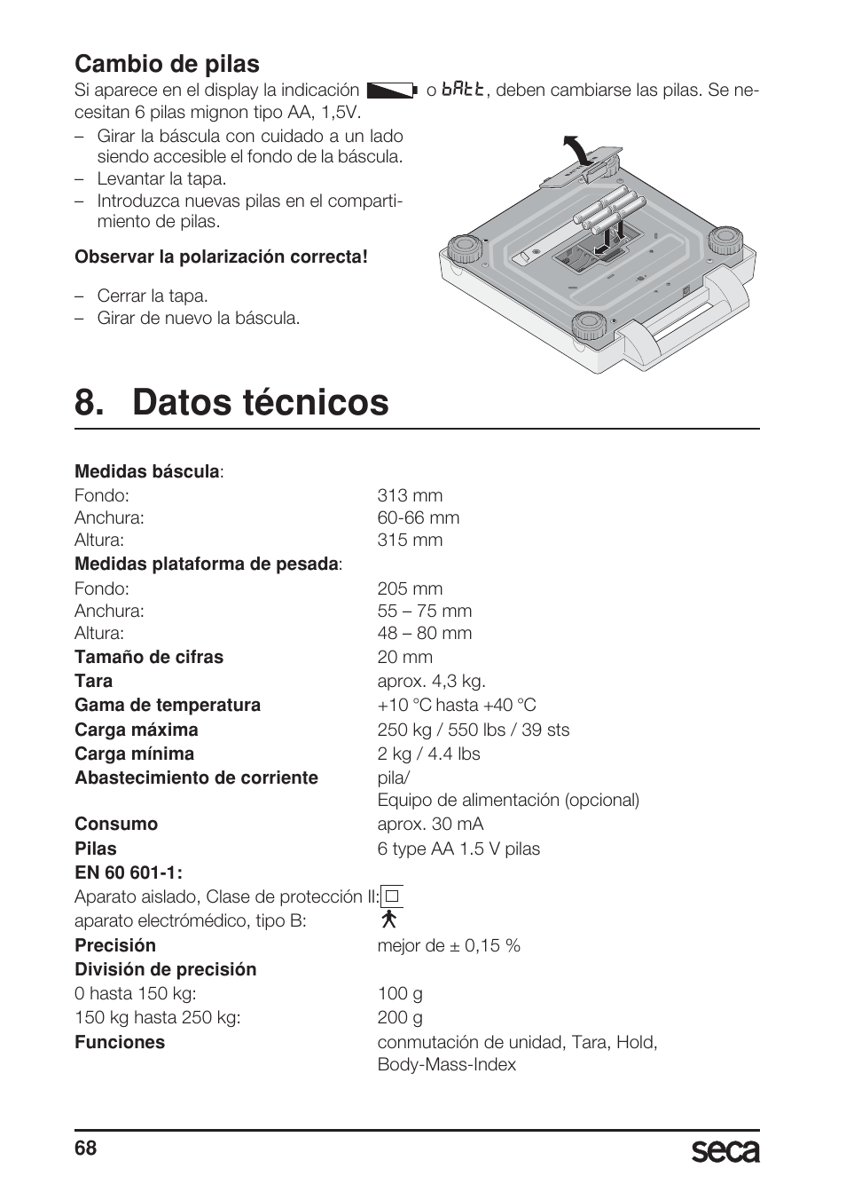Cambio de pilas, Datos técnicos | Seca 869 User Manual | Page 68 / 102