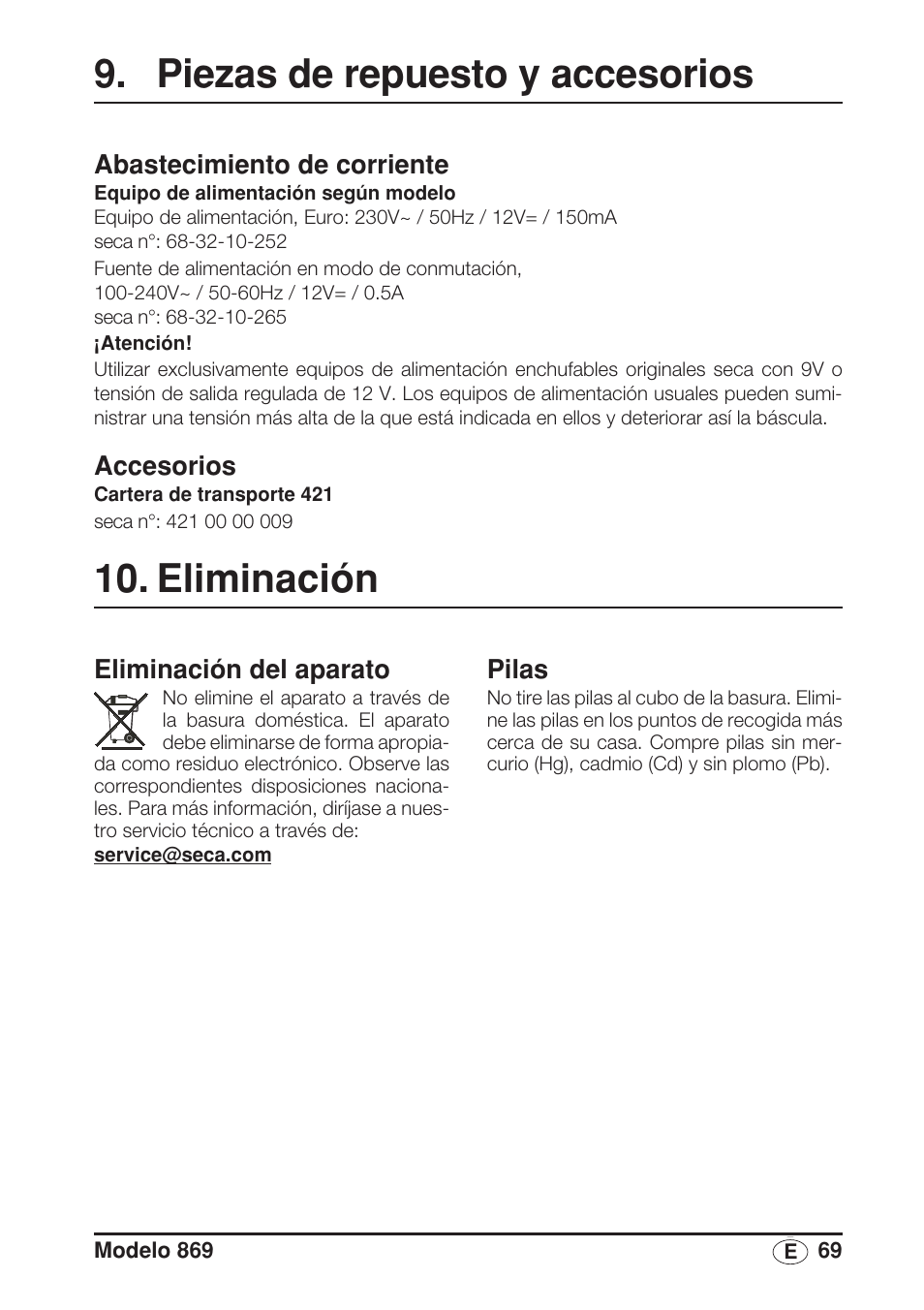 Piezas de repuesto y accesorios, Abastecimiento de corriente, Accesorios | Eliminación, Eliminación del aparato, Pilas | Seca 869 User Manual | Page 69 / 102