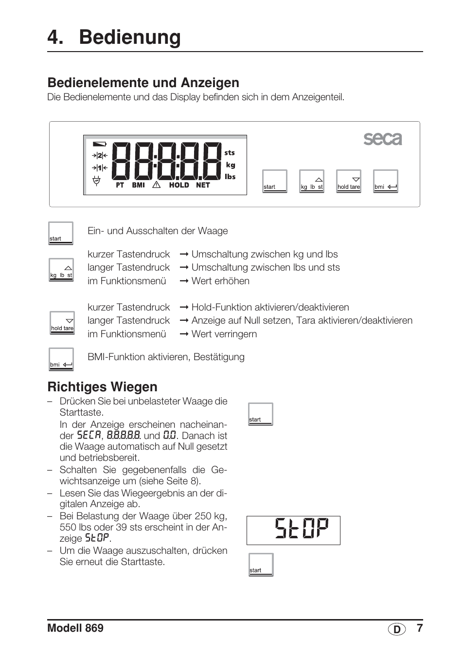 Bedienung, Bedienelemente und anzeigen, Richtiges wiegen | Seca 869 User Manual | Page 7 / 102