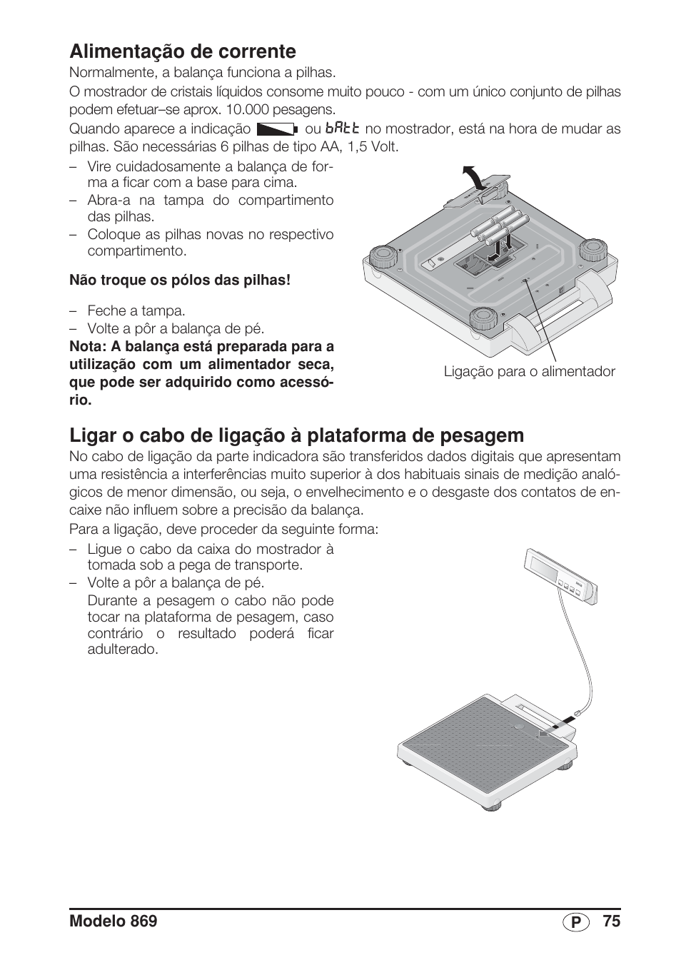 Alimentação de corrente, Ligar o cabo de ligação à plataforma de pesagem | Seca 869 User Manual | Page 75 / 102