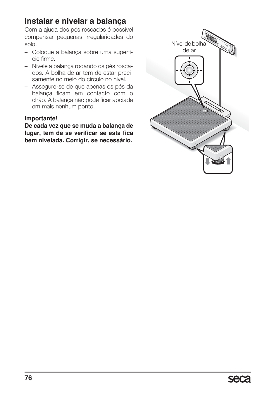 Instalar e nivelar a balança | Seca 869 User Manual | Page 76 / 102