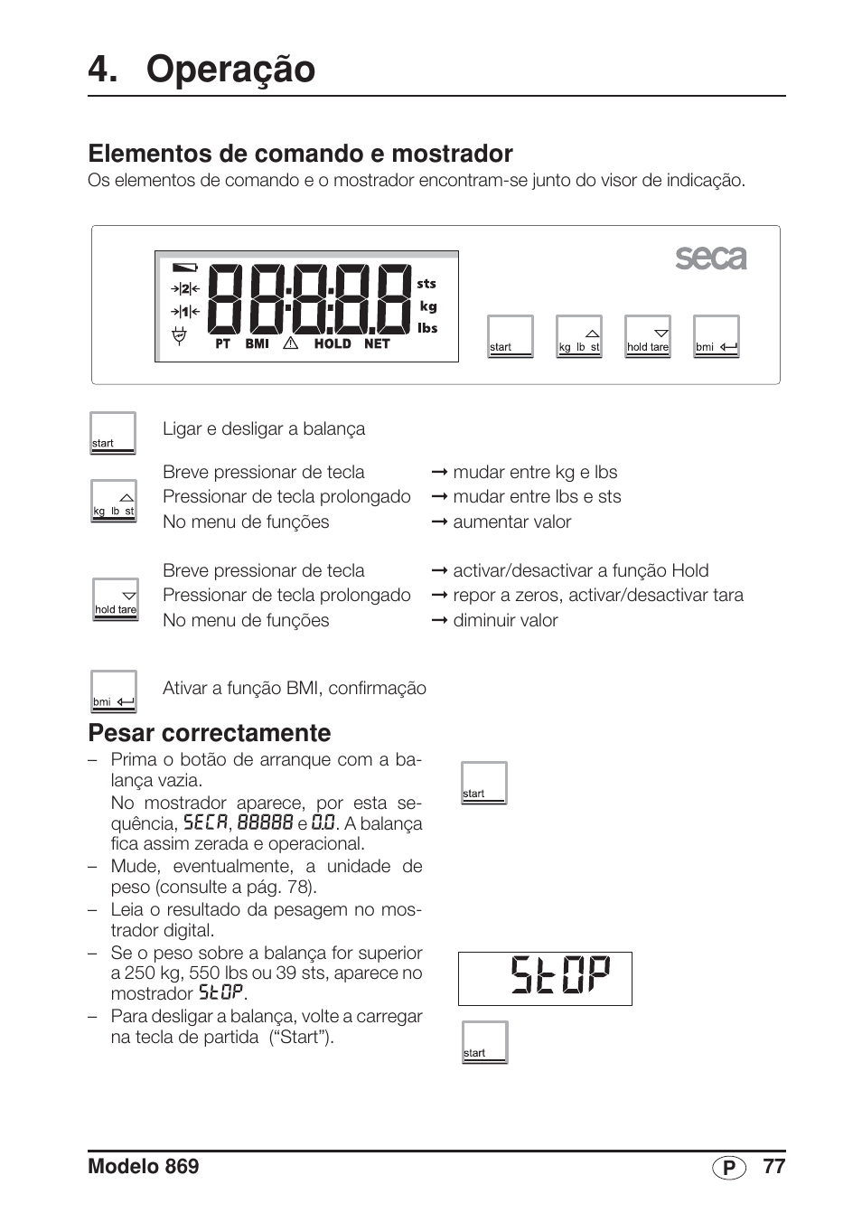 Operação, Elementos de comando e mostrador, Pesar correctamente | Seca 869 User Manual | Page 77 / 102