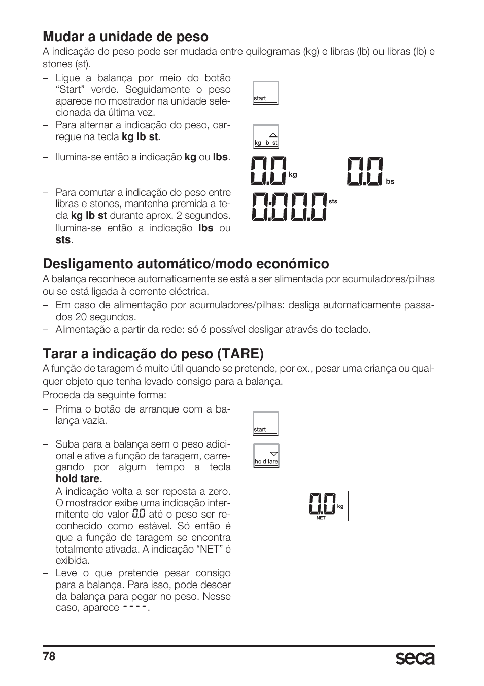 Mudar a unidade de peso, Desligamento automático/modo económico, Tarar a indicação do peso (tare) | Seca 869 User Manual | Page 78 / 102