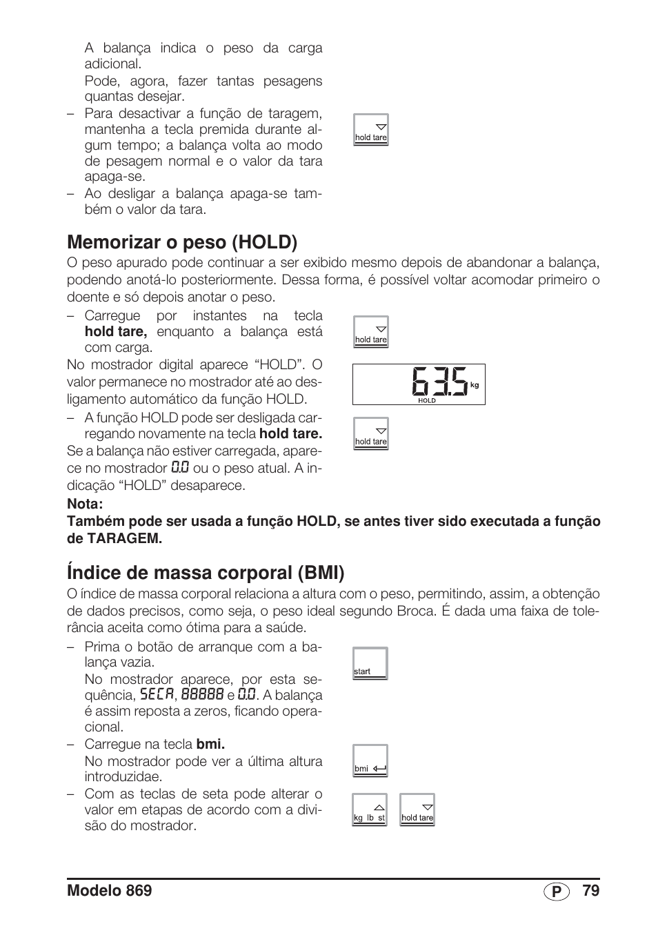 Memorizar o peso (hold), Índice de massa corporal (bmi) | Seca 869 User Manual | Page 79 / 102
