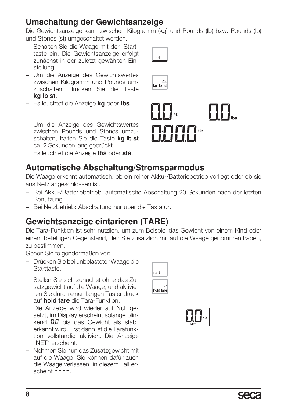 Umschaltung der gewichtsanzeige, Automatische abschaltung/stromsparmodus, Gewichtsanzeige eintarieren (tare) | Seca 869 User Manual | Page 8 / 102