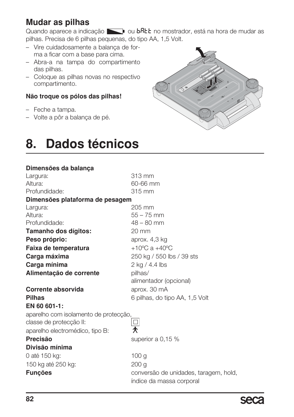 Mudar as pilhas, Dados técnicos | Seca 869 User Manual | Page 82 / 102