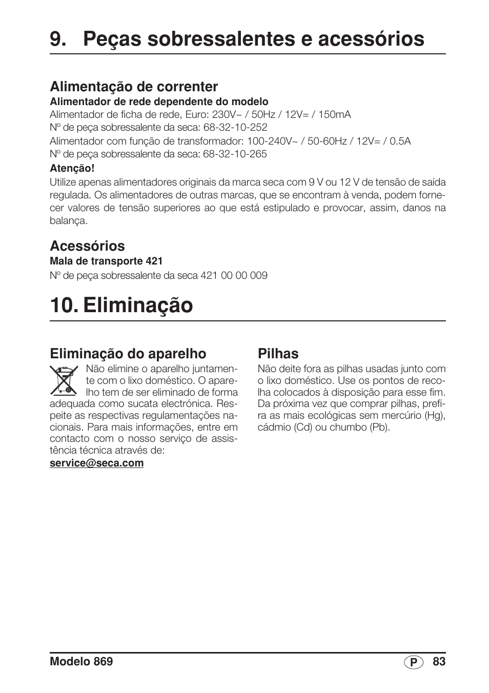 Peças sobressalentes e acessórios, Alimentação de correnter, Acessórios | Eliminação, Eliminação do aparelho, Pilhas | Seca 869 User Manual | Page 83 / 102