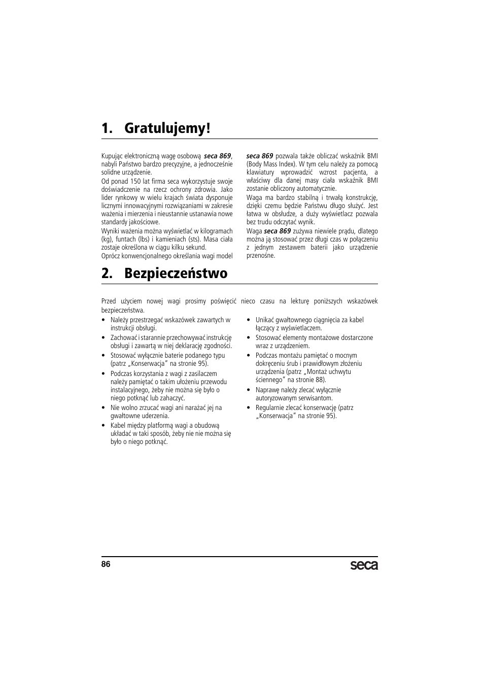 Polski, Gratulujemy, Bezpieczeństwo | Seca 869 User Manual | Page 86 / 102