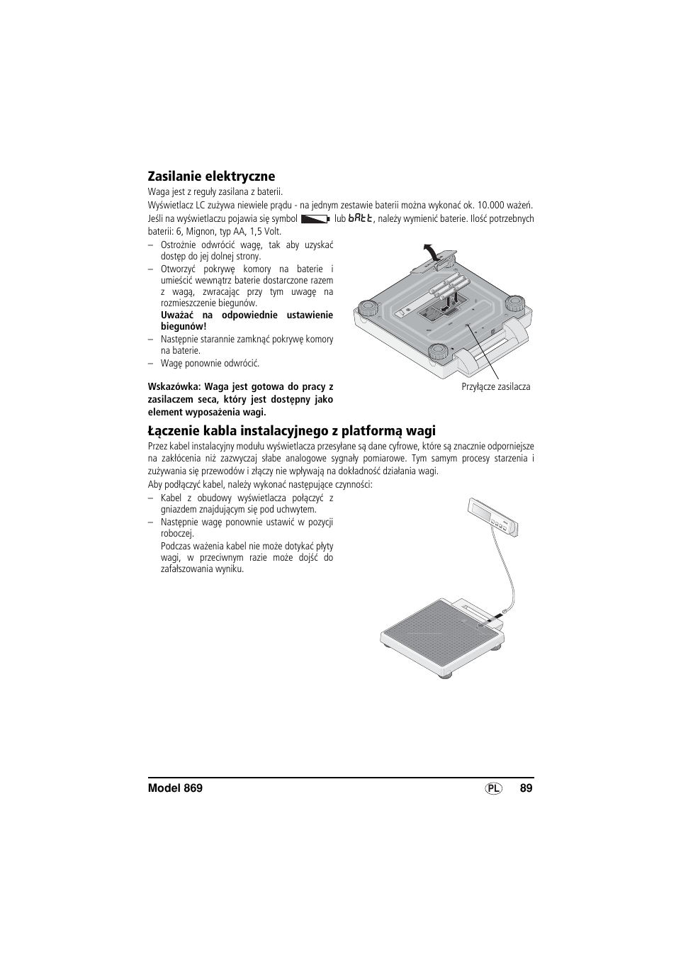 Zasilanie elektryczne, Łączenie kabla instalacyjnego z platformą wagi | Seca 869 User Manual | Page 89 / 102