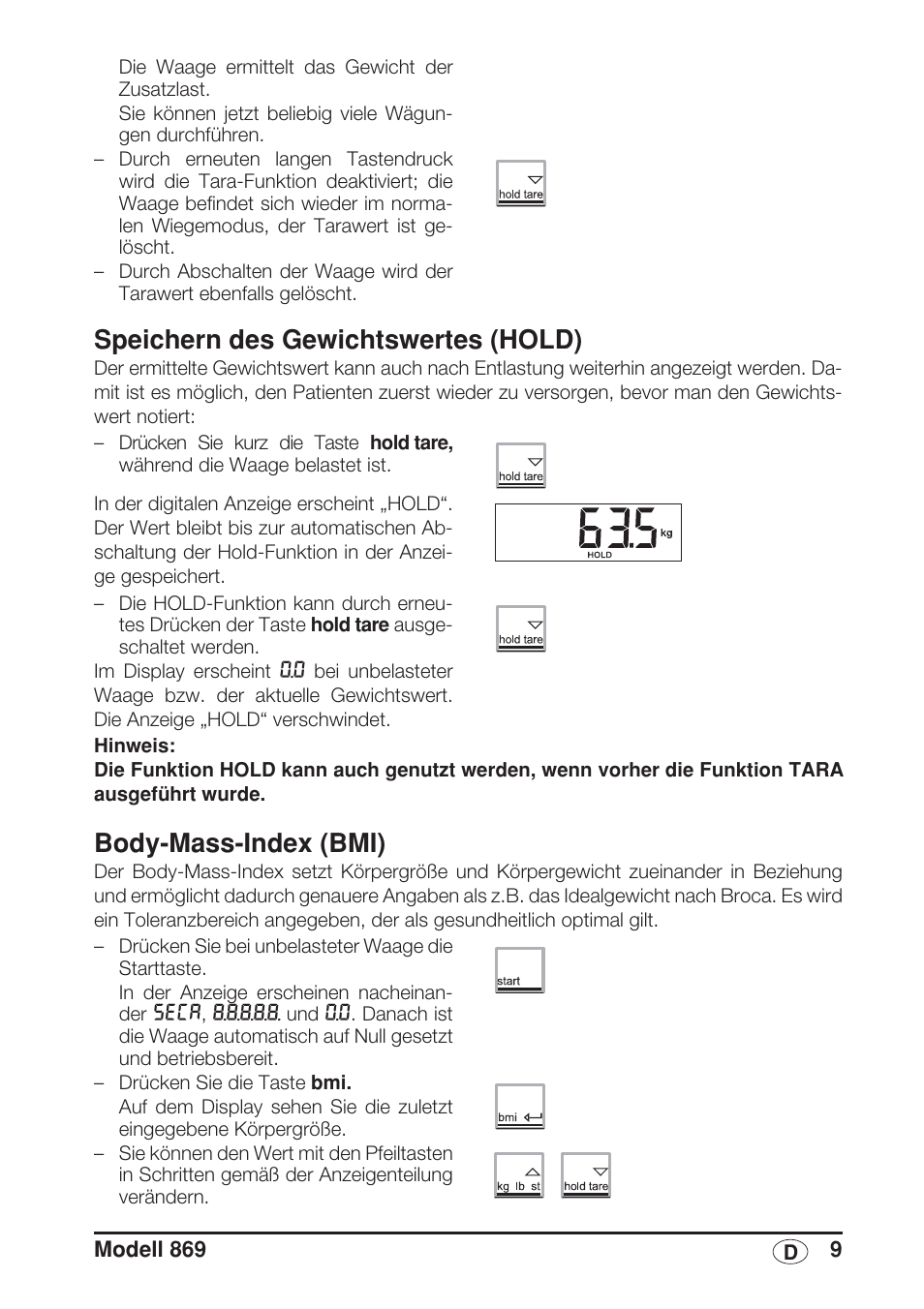 Speichern des gewichtswertes (hold), Body-mass-index (bmi) | Seca 869 User Manual | Page 9 / 102