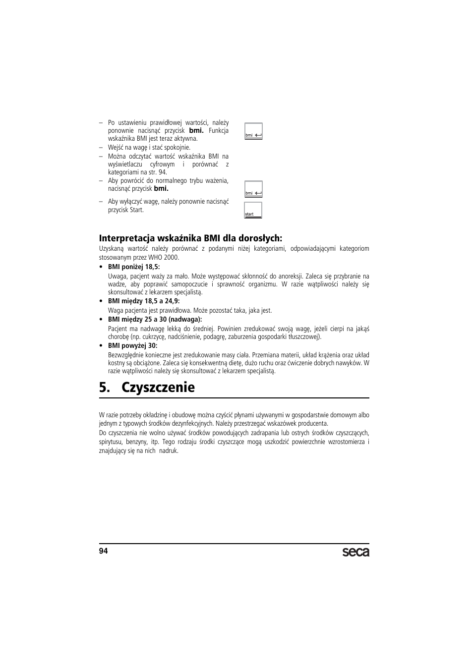 Interpretacja wskaźnika bmi dla dorosłych, Czyszczenie | Seca 869 User Manual | Page 94 / 102