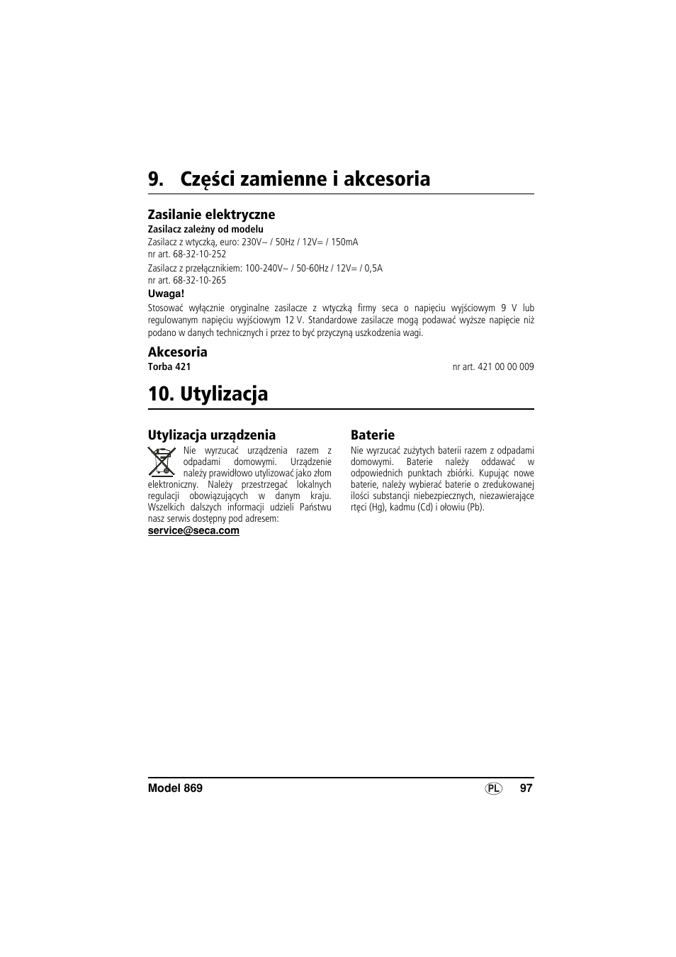 Części zamienne i akcesoria, Zasilanie elektryczne, Akcesoria | Utylizacja, Utylizacja urządzenia, Baterie | Seca 869 User Manual | Page 97 / 102