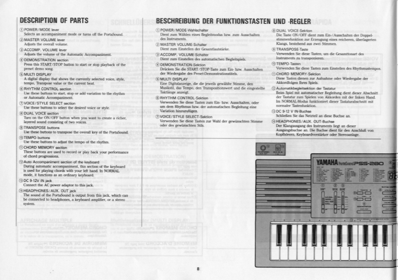 Beschreibung der funktionstasten und regler, Description of parts | Yamaha PSS-280 User Manual | Page 10 / 40