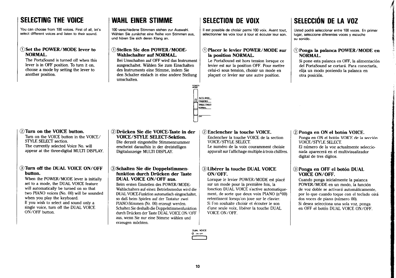 Selecting the voice, Wahl einer stimme, Selection de voix | Seleccion de la voz, Selección de la voz | Yamaha PSS-280 User Manual | Page 12 / 40