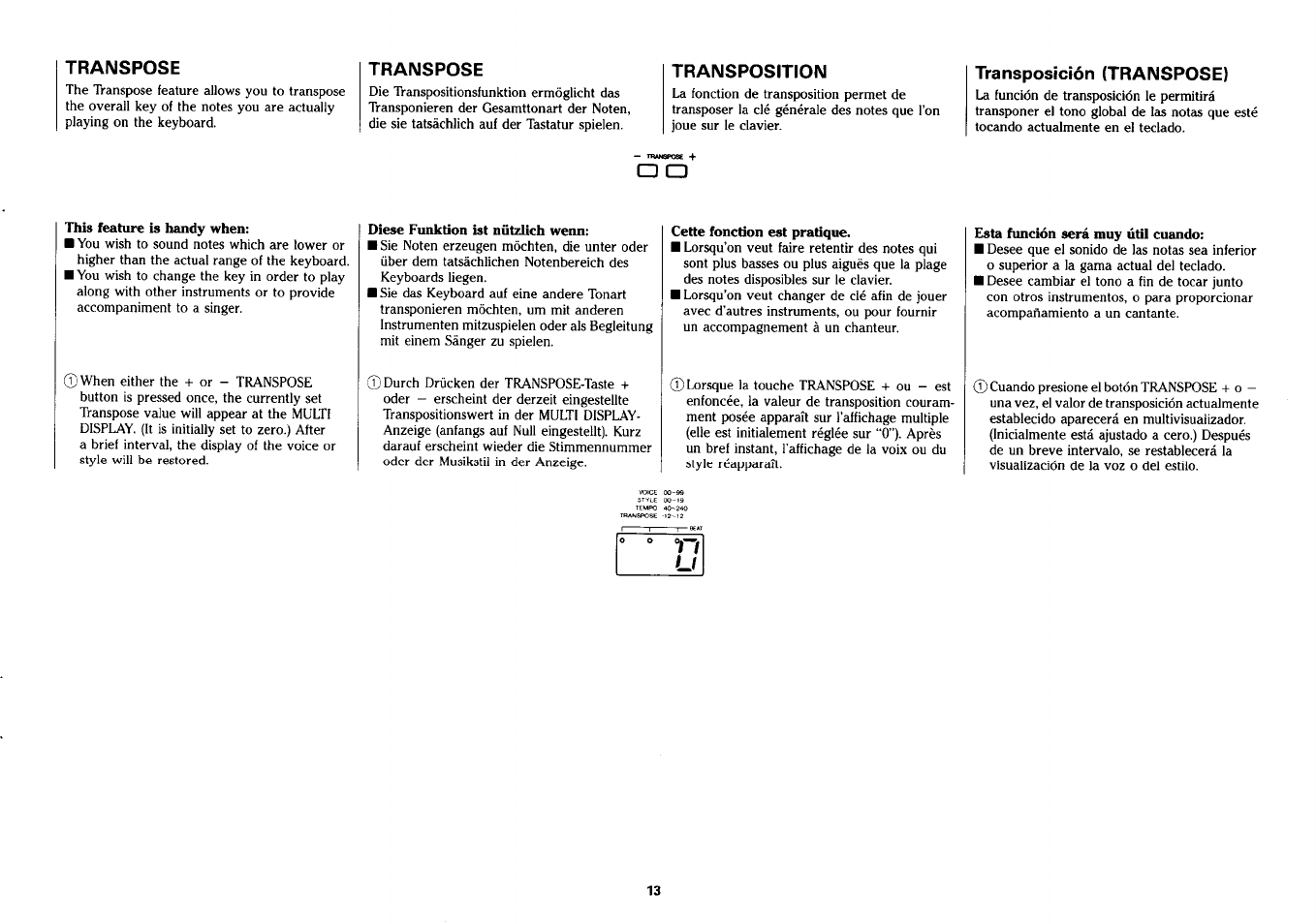 Transpose, Transposition, Transposición (transpose) | Yamaha PSS-280 User Manual | Page 15 / 40