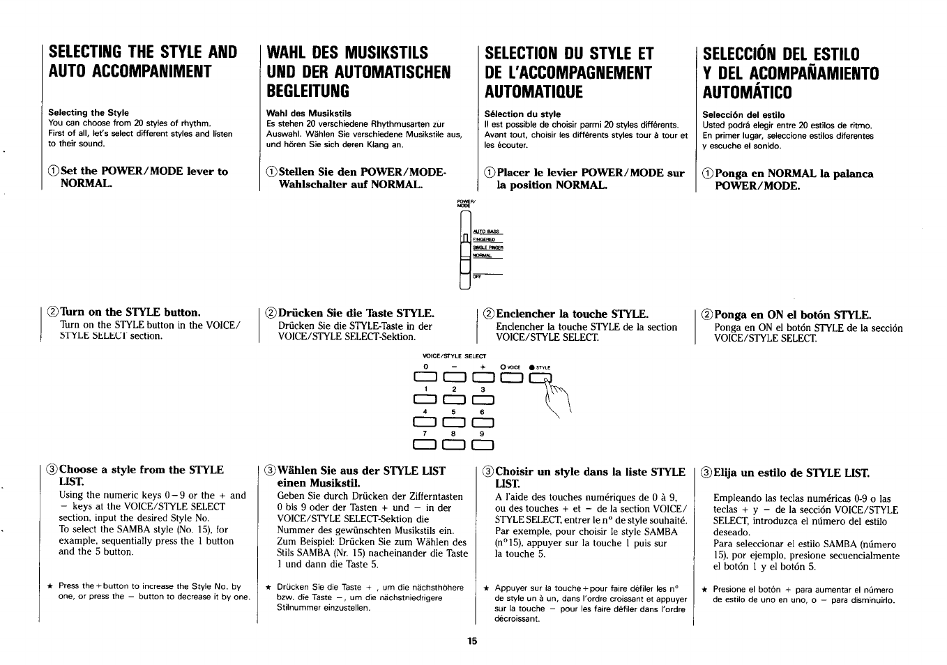Selecting the style and auto accompaniment | Yamaha PSS-280 User Manual | Page 17 / 40