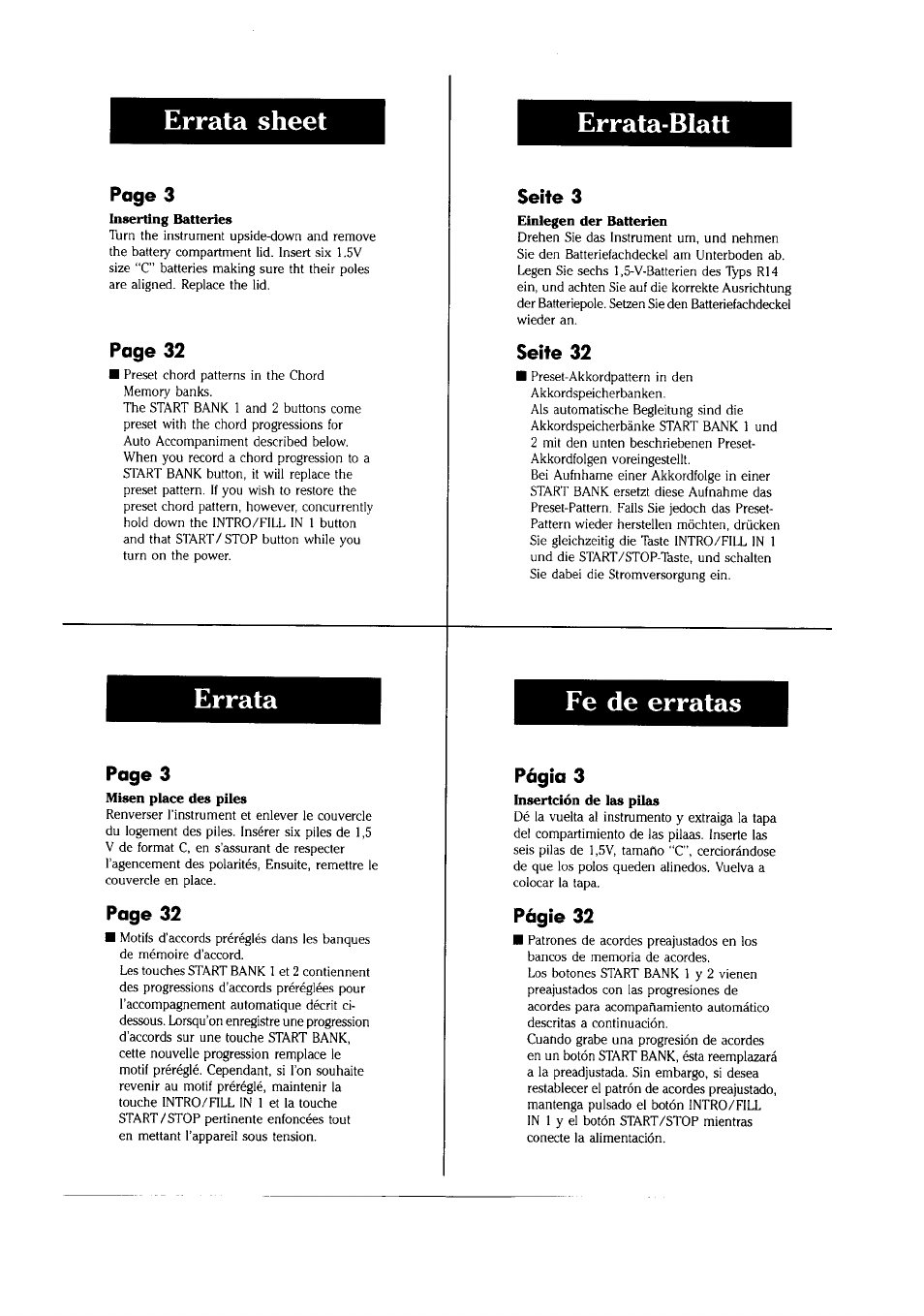 Seite 3, Seite 32, Págía 3 | Págie 32, Errata sheet, Errata-blatt, Errata, Fe de erratas | Yamaha PSS-280 User Manual | Page 2 / 40