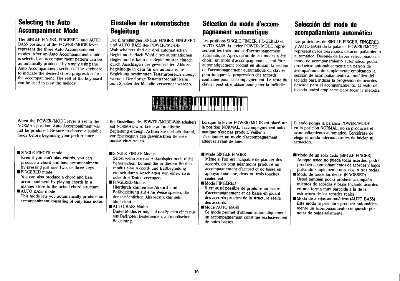 Selecting the auto accompaniment mode, Einstellen der automatischen begleitung, Sélection du mode d'accompagnement automatique | Selección del modo de acompañamiento automático, Sélection du mode d'accom­ pagnement automatique | Yamaha PSS-280 User Manual | Page 21 / 40