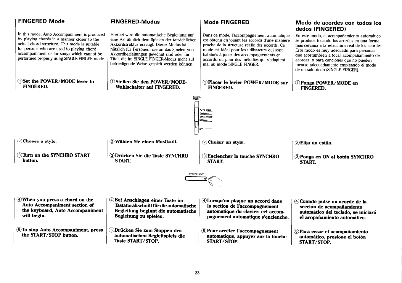Fingered mode, Set the power/mode lever to rngered, Fingered-modus | Mode fingered, Placer le levier power/mode sur fingered, Modo de acordes con todos los dedos (fingered), Ponga power/mode en rngered | Yamaha PSS-280 User Manual | Page 25 / 40
