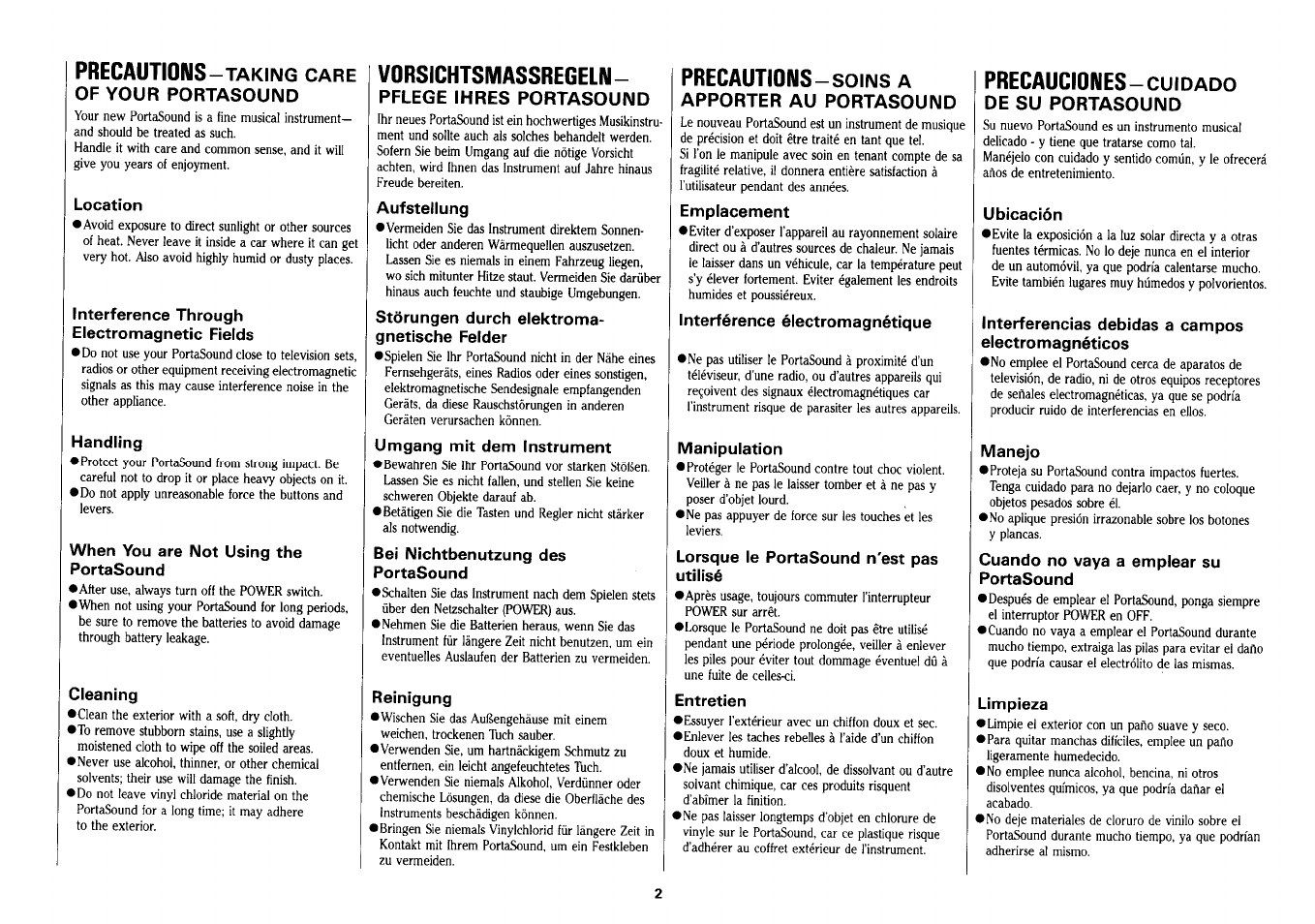 Precautions-taking care of your portasound, Vorsichtsmassregeln, Pflege ihres portasound | Precautions-soins a apporter au portasound, Precauciones-cuidado de su portasound, Precautions, Precauciones | Yamaha PSS-280 User Manual | Page 4 / 40