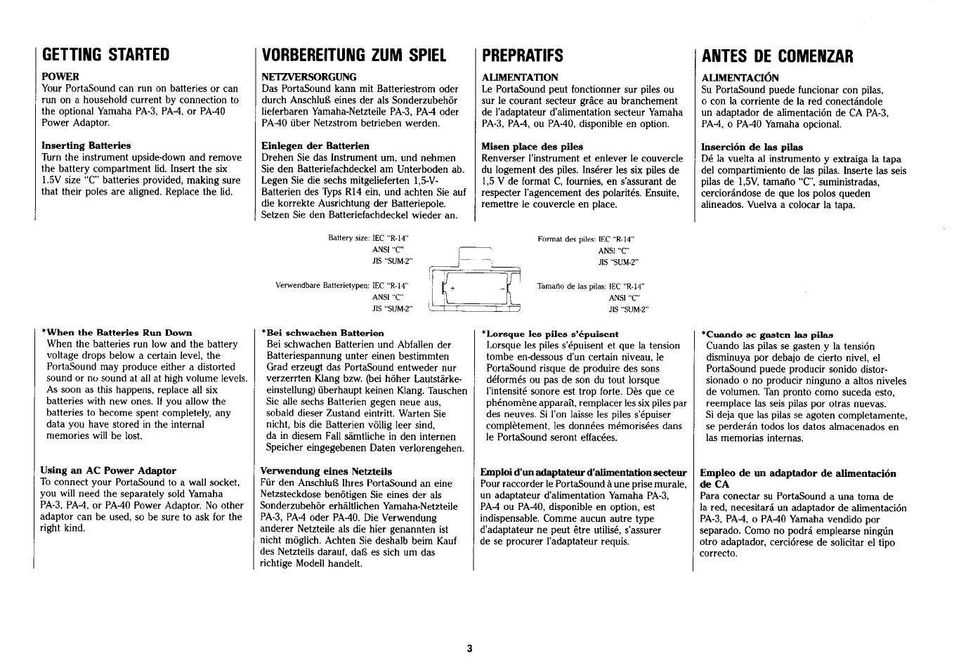 Getting started, Vorbereitung zum spiel, Prepratifs | Antes de cdmenzar, Preparatifs, Antes de comenzar | Yamaha PSS-280 User Manual | Page 5 / 40