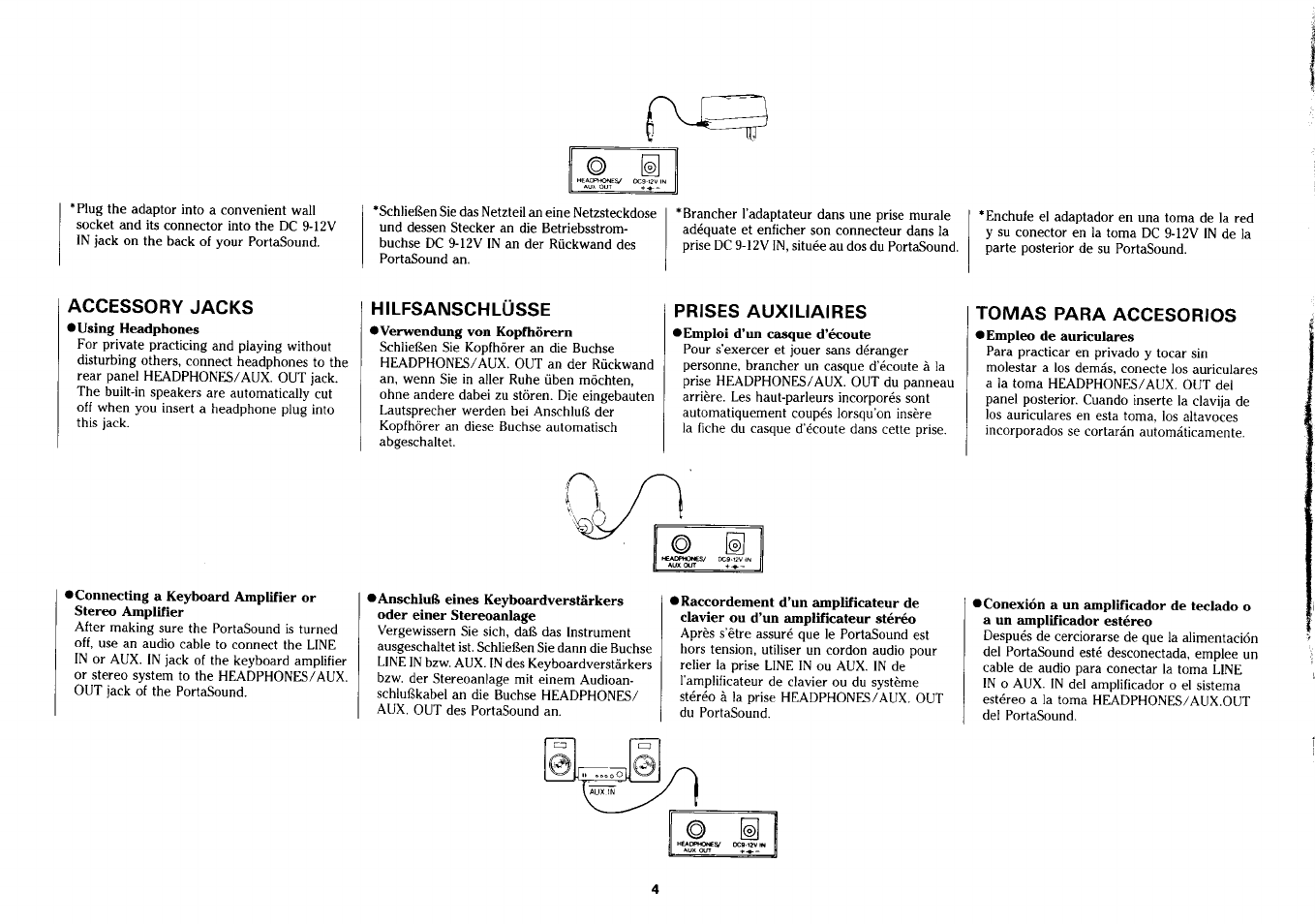 Accessory jacks, Hilfsanschlüsse, Prises auxiliaires | Tomas para accesorios | Yamaha PSS-280 User Manual | Page 6 / 40