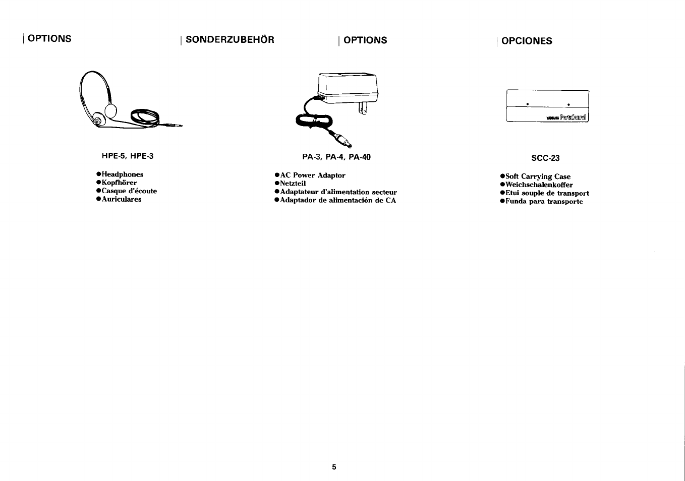 Options, Sonderzubehor, Opciones | Sonderzubehör | Yamaha PSS-280 User Manual | Page 7 / 40