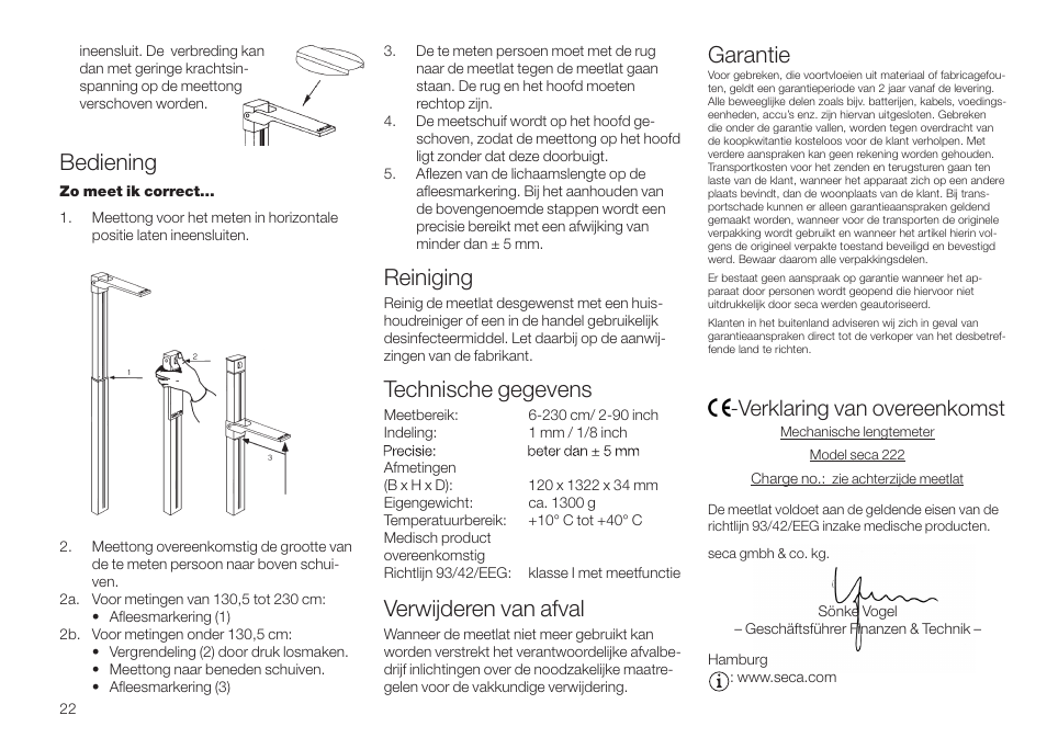 Garantie, Bediening, Reiniging | Technische gegevens, Verwijderen van afval, Verklaring van overeenkomst | Seca 222 User Manual | Page 22 / 32