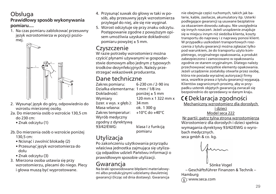 Czyszczenie, Dane techniczne, Utylizacja | Gwarancja, Obsługa, Deklaracja zgodności | Seca 222 User Manual | Page 29 / 32