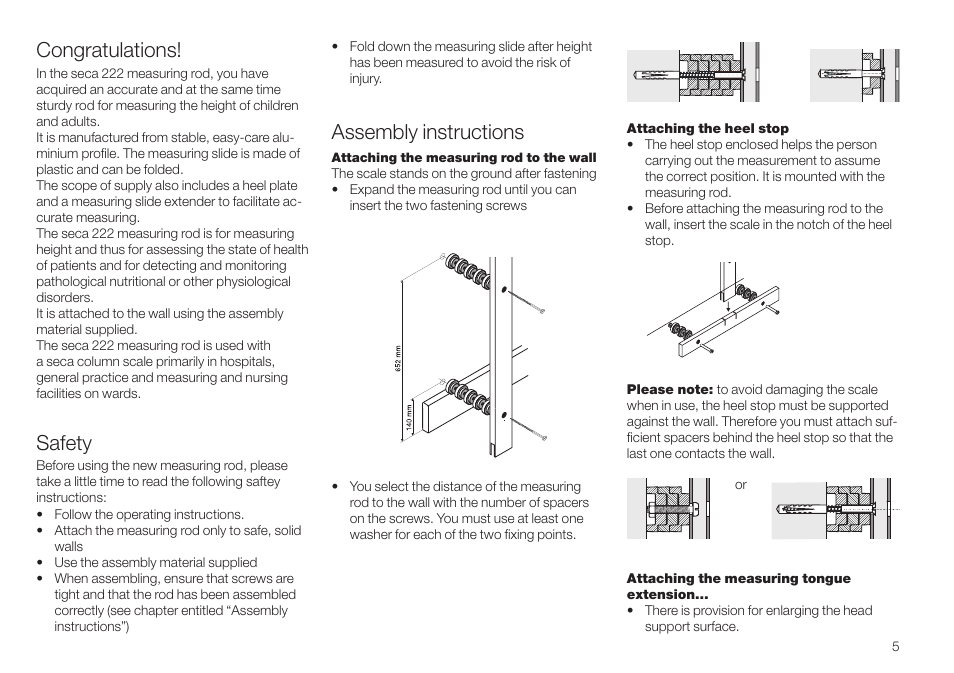 English, Congratulations, Safety | Assembly instructions | Seca 222 User Manual | Page 5 / 32
