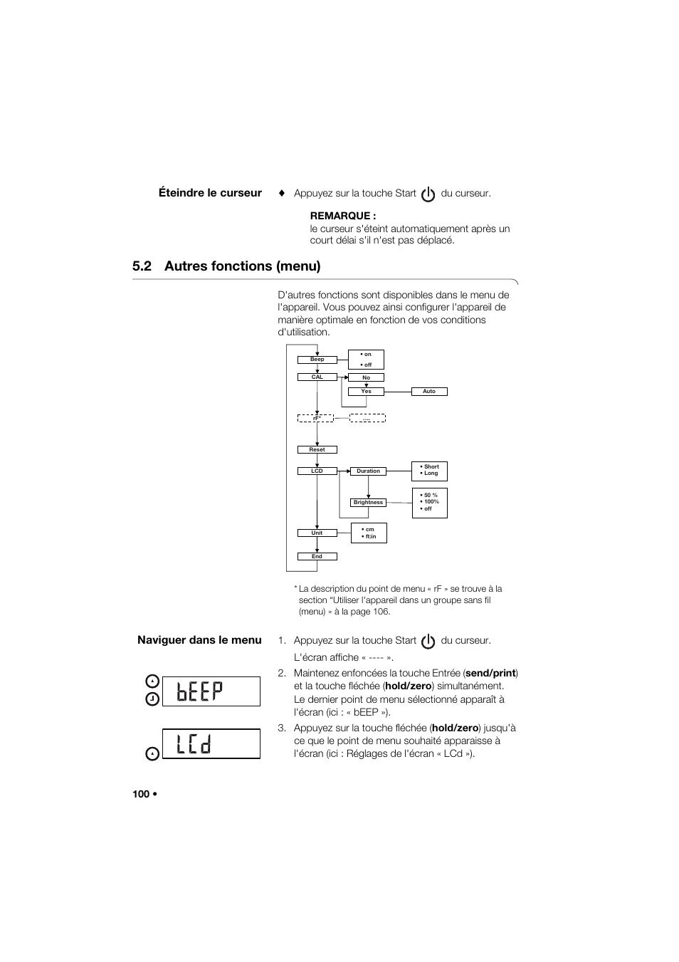 Éteindre le curseur, 2 autres fonctions (menu), Naviguer dans le menu | Seca 264 User Manual | Page 100 / 275