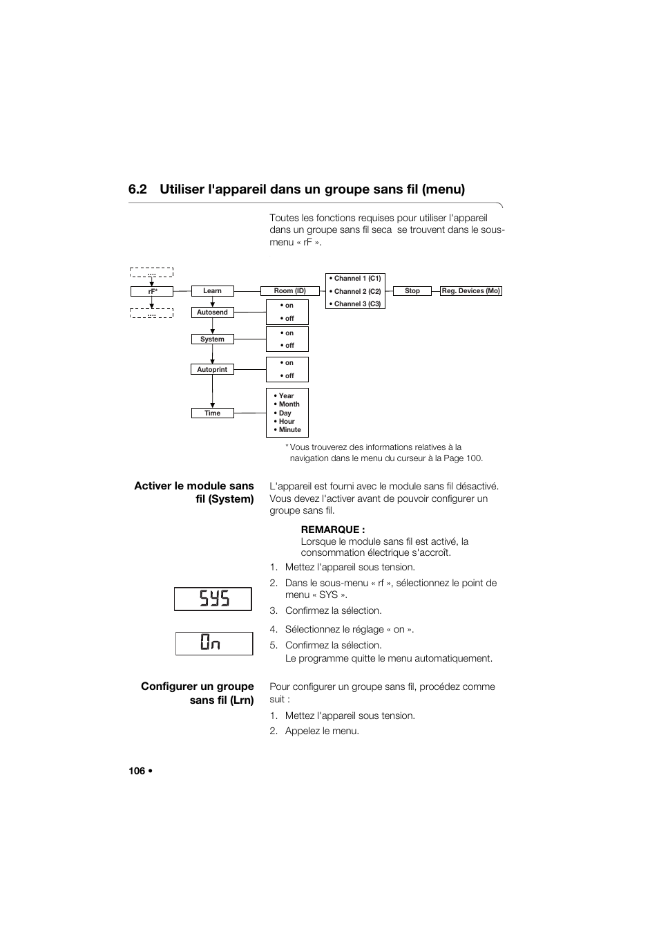 Activer le module sans fil (system), Configurer un groupe sans fil (lrn), 2 utiliser l'appareil dans un | Groupe sans fil (menu) | Seca 264 User Manual | Page 106 / 275