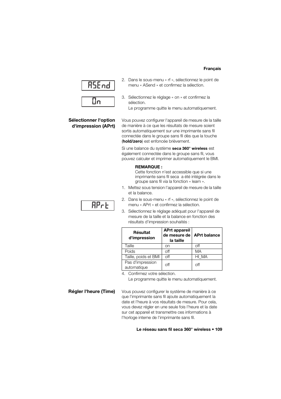 Sélectionner l'option d'impression (aprt), Régler l'heure (time) | Seca 264 User Manual | Page 109 / 275