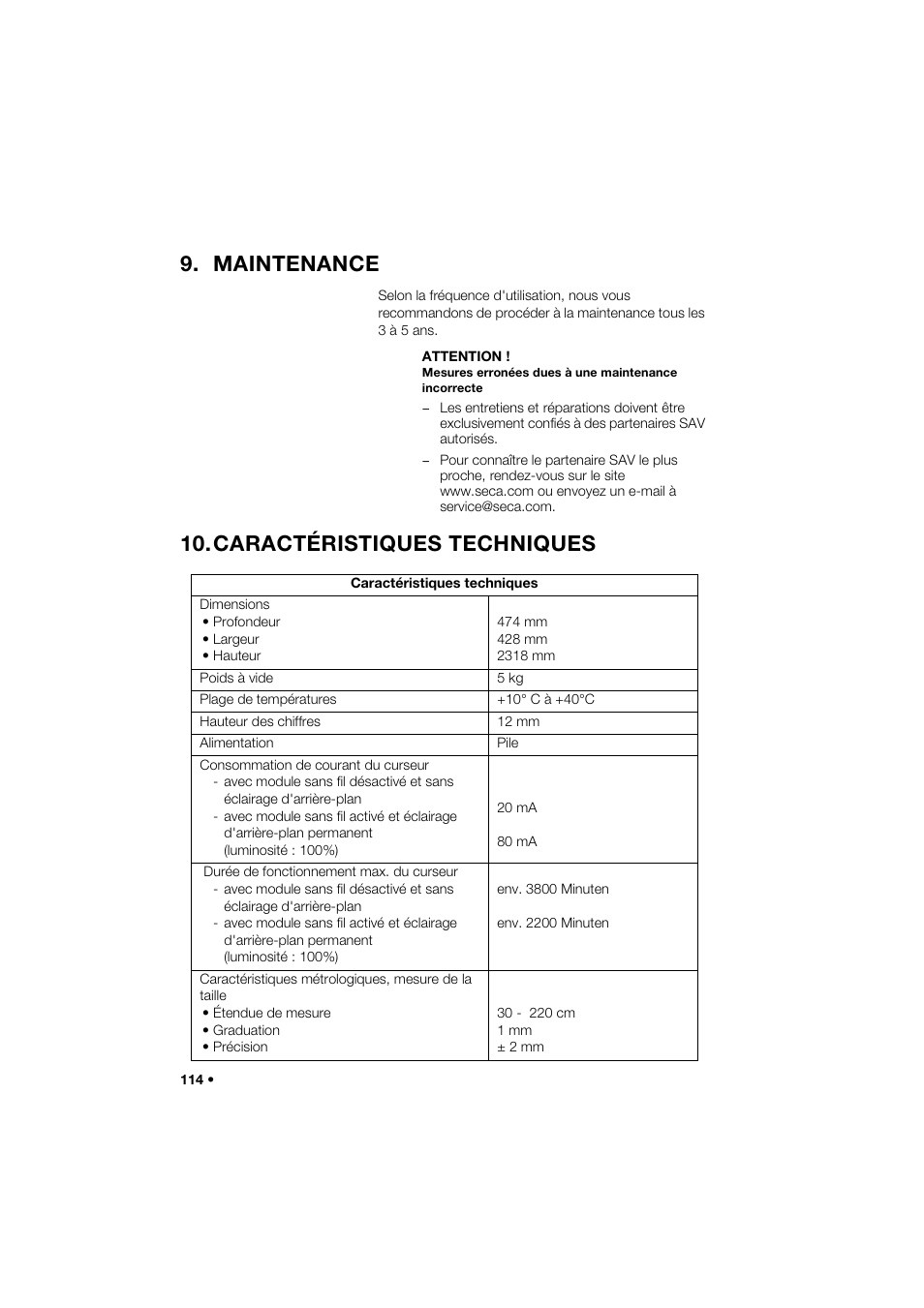 Maintenance, Caractéristiques techniques | Seca 264 User Manual | Page 114 / 275