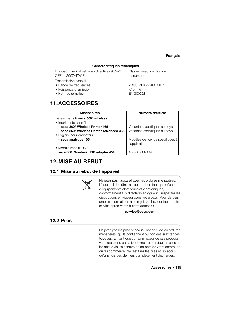 Accessoires, Mise au rebut, 1 mise au rebut de l'appareil | 2 piles, Accessoires 12. mise au rebut | Seca 264 User Manual | Page 115 / 275