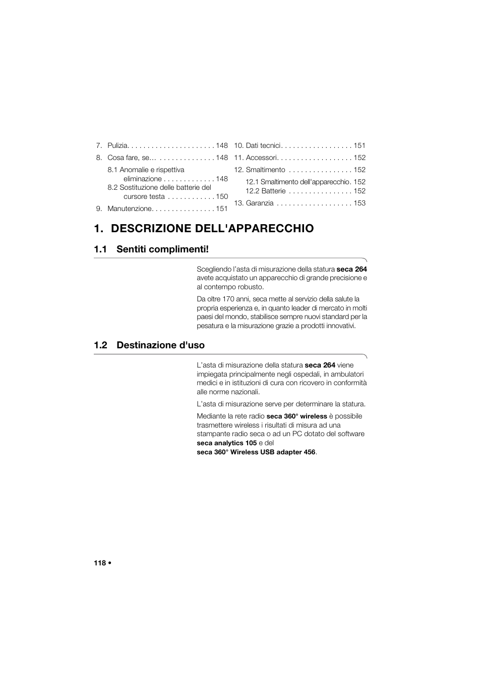 Descrizione dell'apparecchio, 1 sentiti complimenti, 2 destinazione d'uso | Seca 264 User Manual | Page 118 / 275