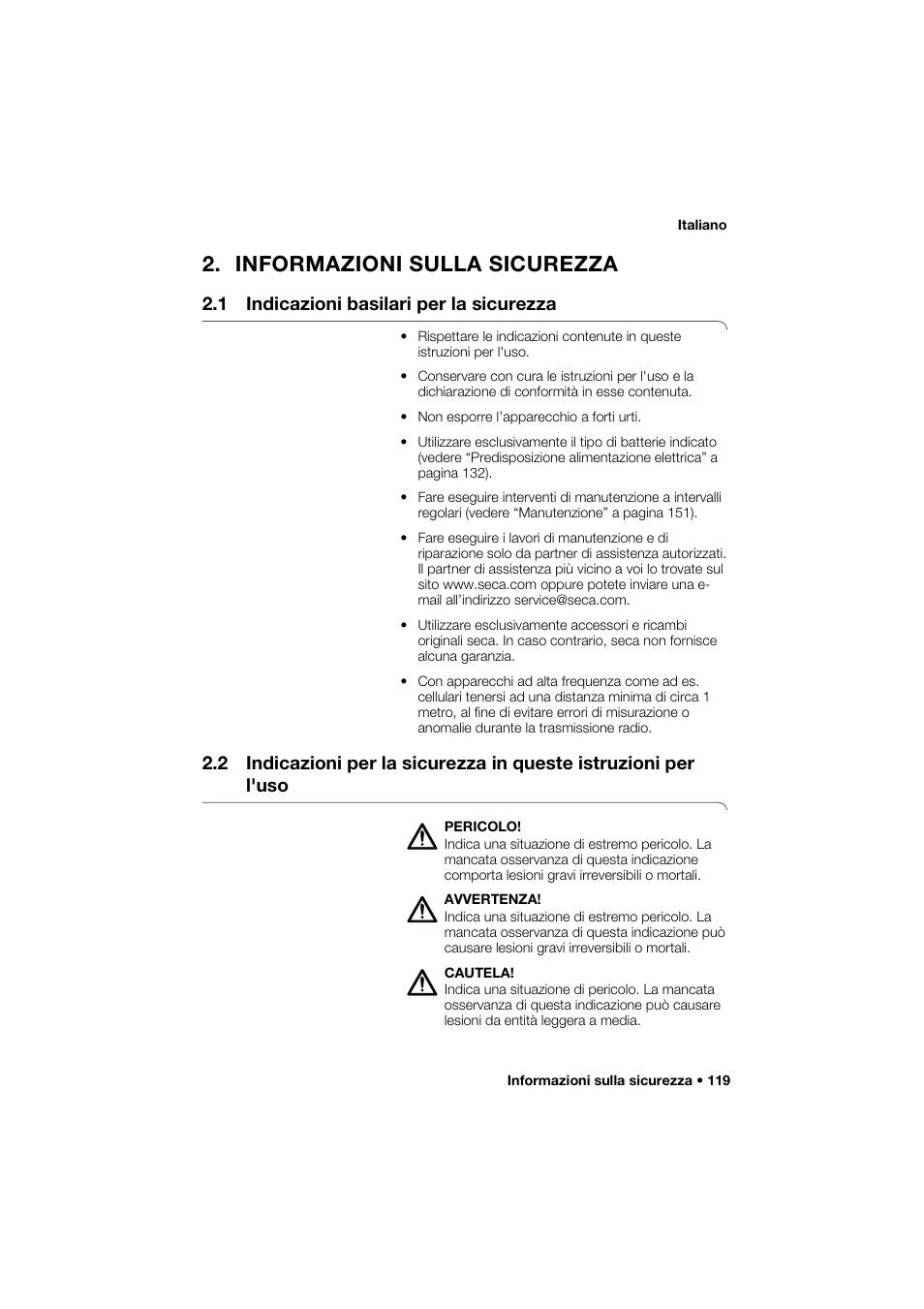 Informazioni sulla sicurezza, 1 indicazioni basilari per la sicurezza | Seca 264 User Manual | Page 119 / 275