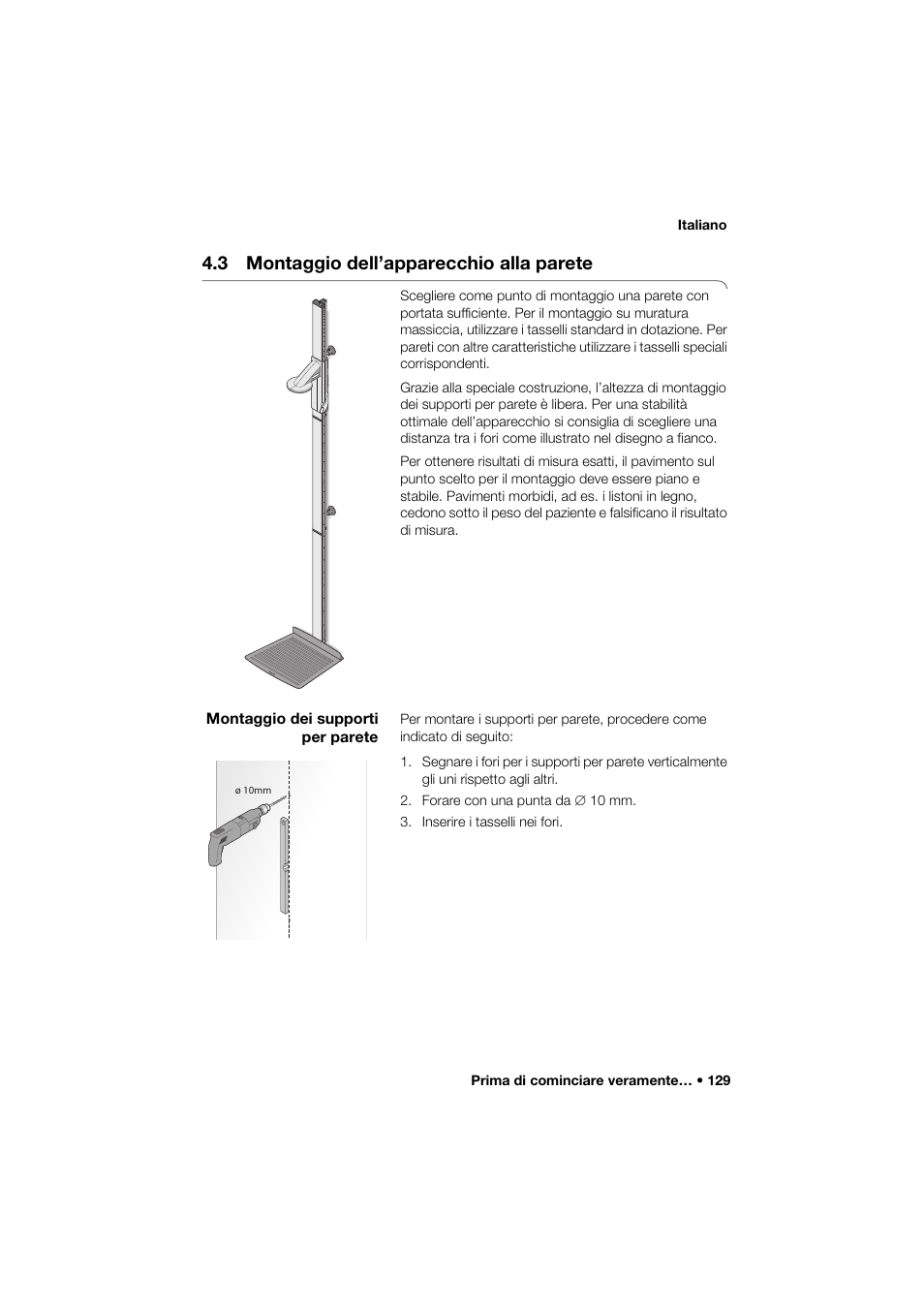 3 montaggio dell’apparecchio alla parete, Montaggio dei supporti per parete | Seca 264 User Manual | Page 129 / 275