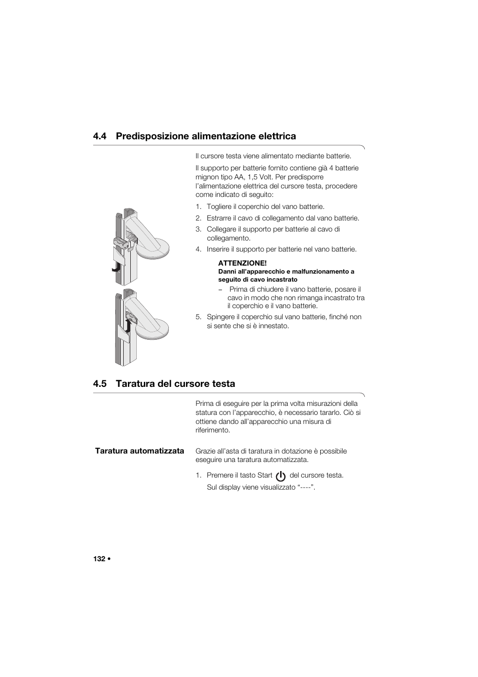 4 predisposizione alimentazione elettrica, 5 taratura del cursore testa, Taratura automatizzata | Seca 264 User Manual | Page 132 / 275