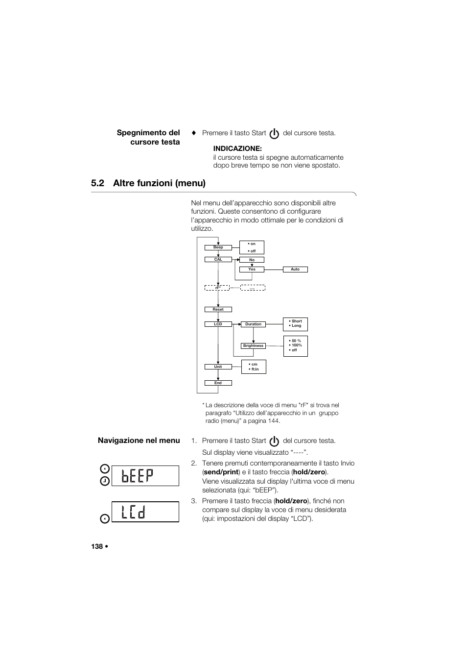 Spegnimento del cursore testa, 2 altre funzioni (menu), Navigazione nel menu | Seca 264 User Manual | Page 138 / 275
