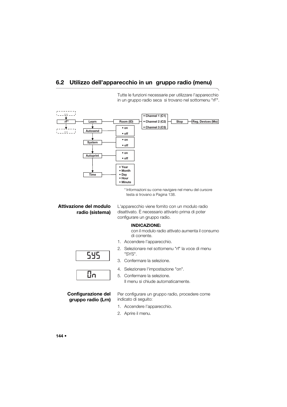 Attivazione del modulo radio (sistema), Configurazione del gruppo radio (lrn), 2 utilizzo dell’apparecchio in un | Gruppo radio (menu) | Seca 264 User Manual | Page 144 / 275