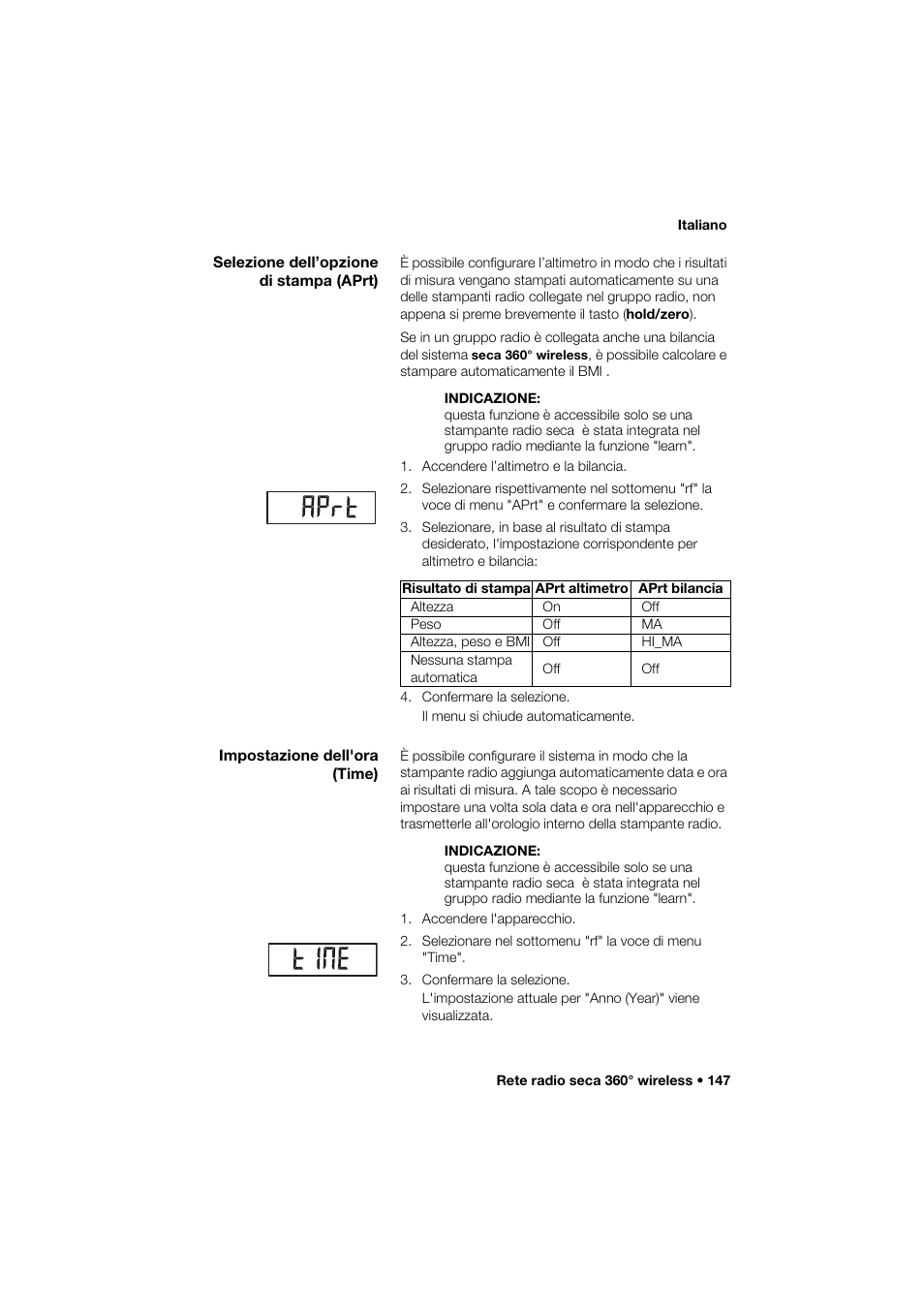 Selezione dell’opzione di stampa (aprt), Impostazione dell'ora (time) | Seca 264 User Manual | Page 147 / 275