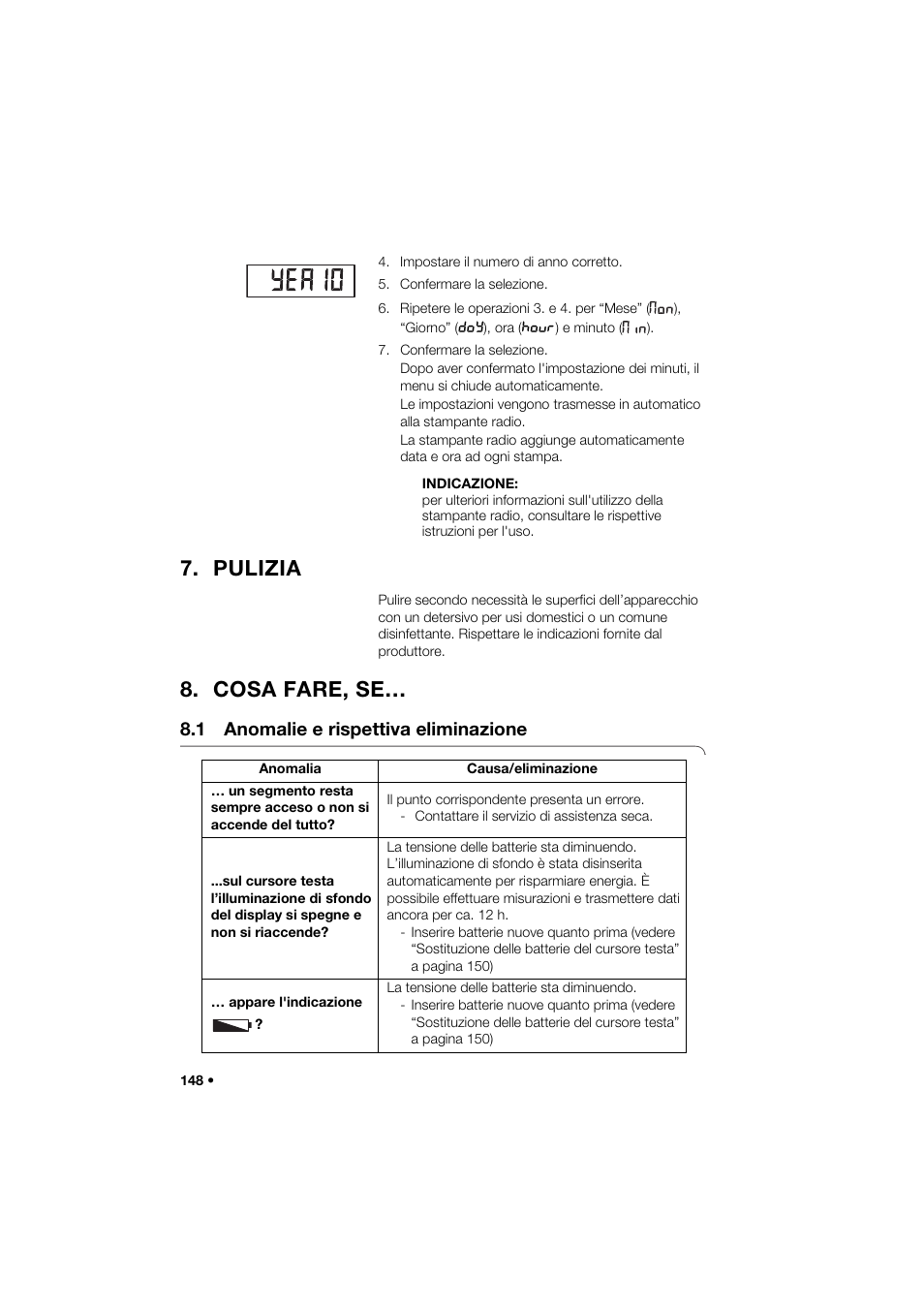 Pulizia, Cosa fare, se, 1 anomalie e rispettiva eliminazione | Seca 264 User Manual | Page 148 / 275
