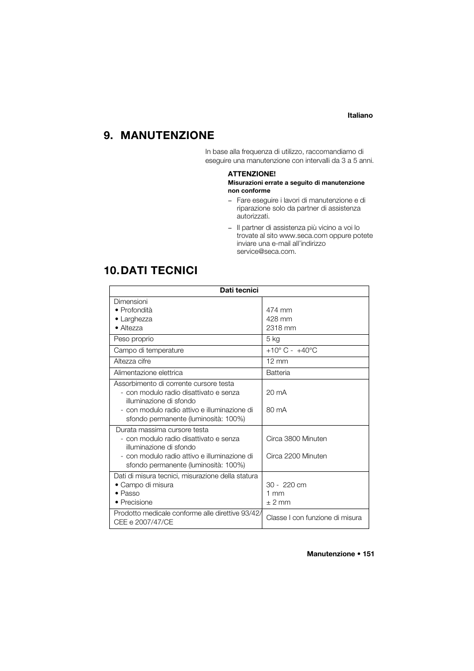 Manutenzione, Dati tecnici | Seca 264 User Manual | Page 151 / 275